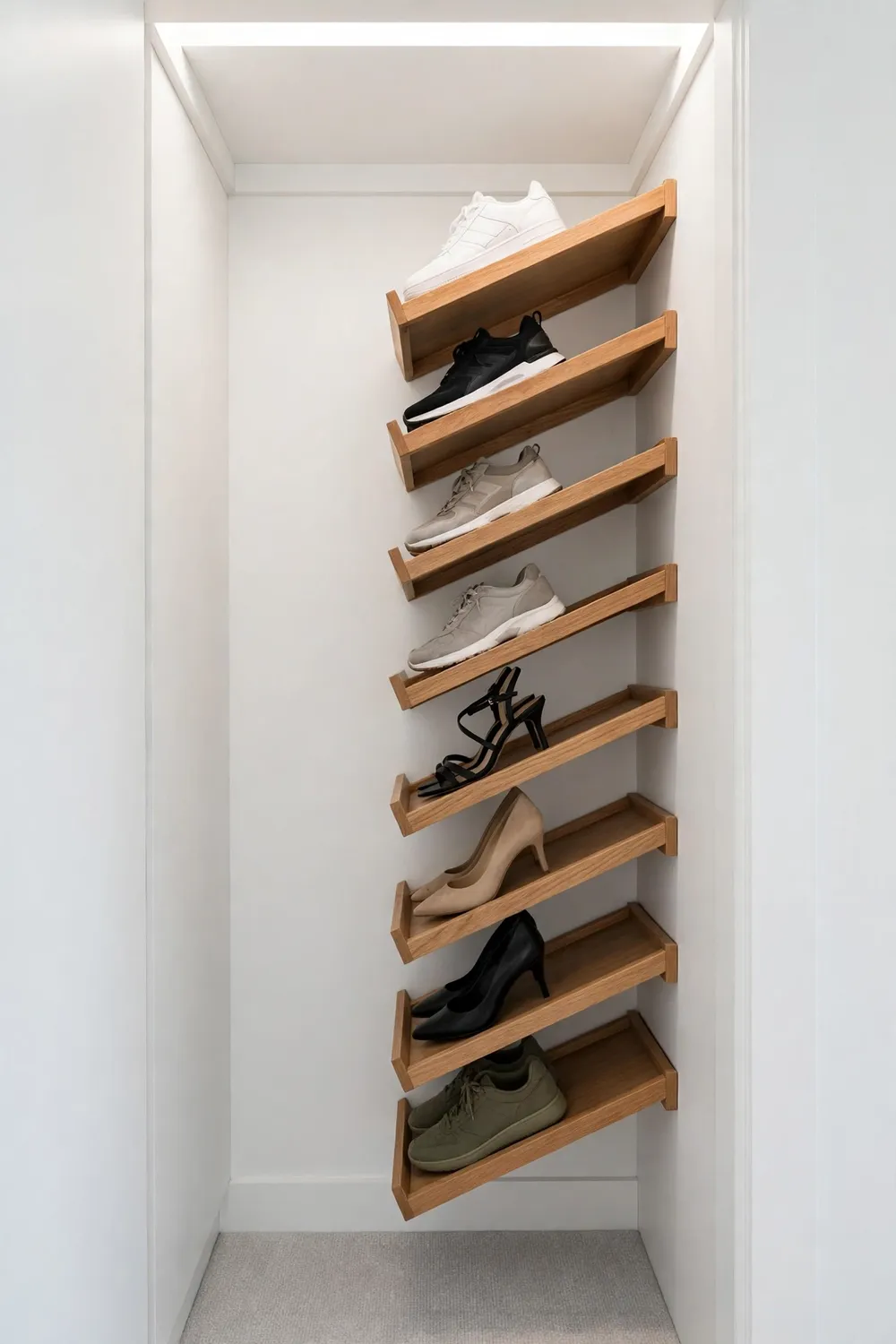 Wall of slanted shelves displaying shoes inside a narrow closet