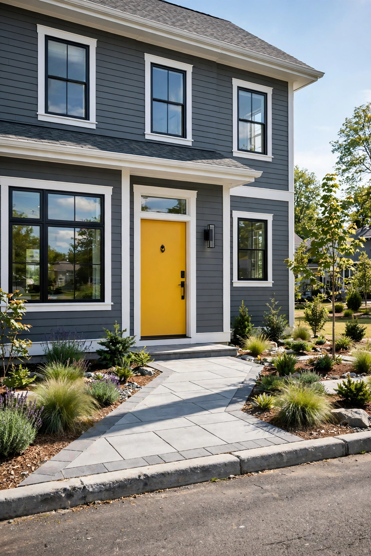 Slate gray house with white trim and a bold mustard yellow front door