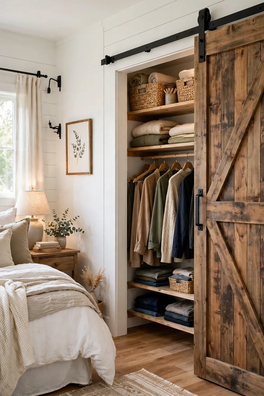 Rustic sliding barn door on a rail covering a closet loft opening