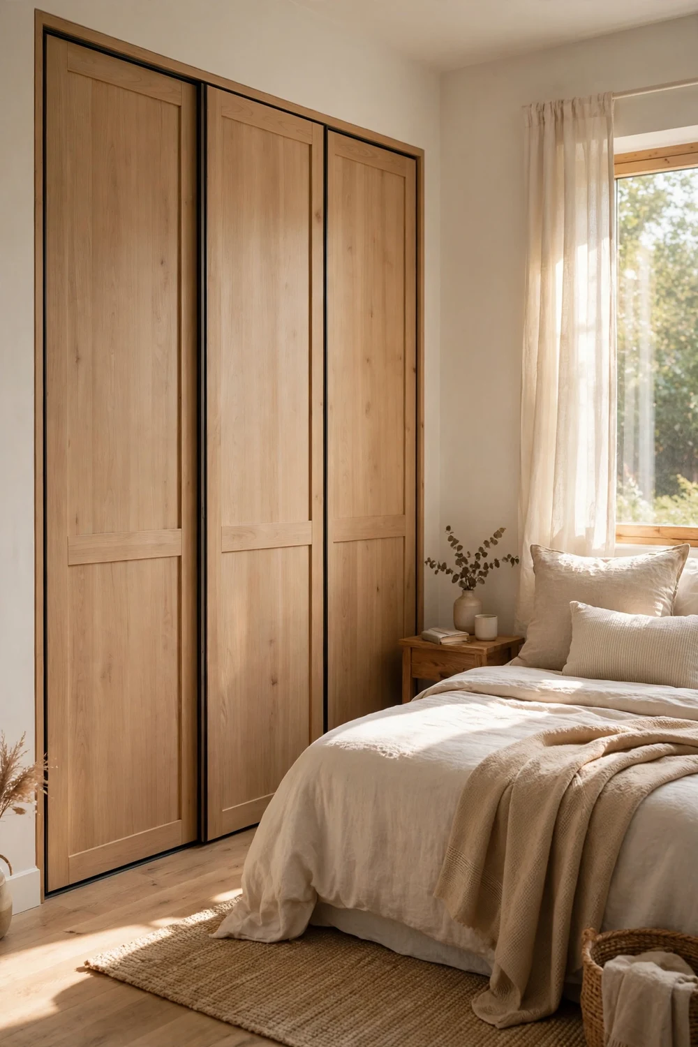 Small bedroom with floor-to-ceiling fitted wardrobe with sliding doors beside a bed