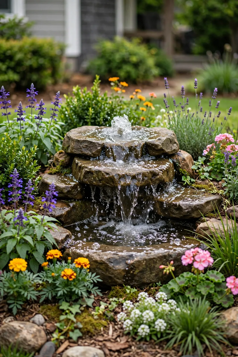 Small bubbling stone garden fountain with glistening water surrounded by flowers in a front yard bed