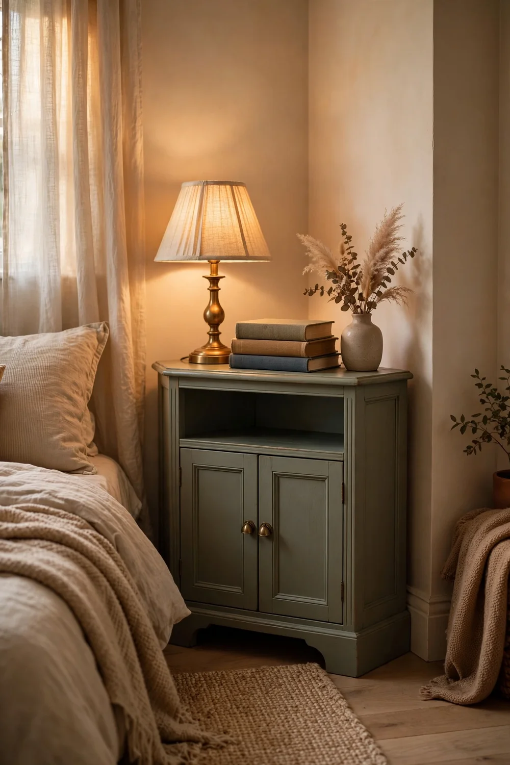 Small corner accent cabinet styled with lamp stack of books and vase