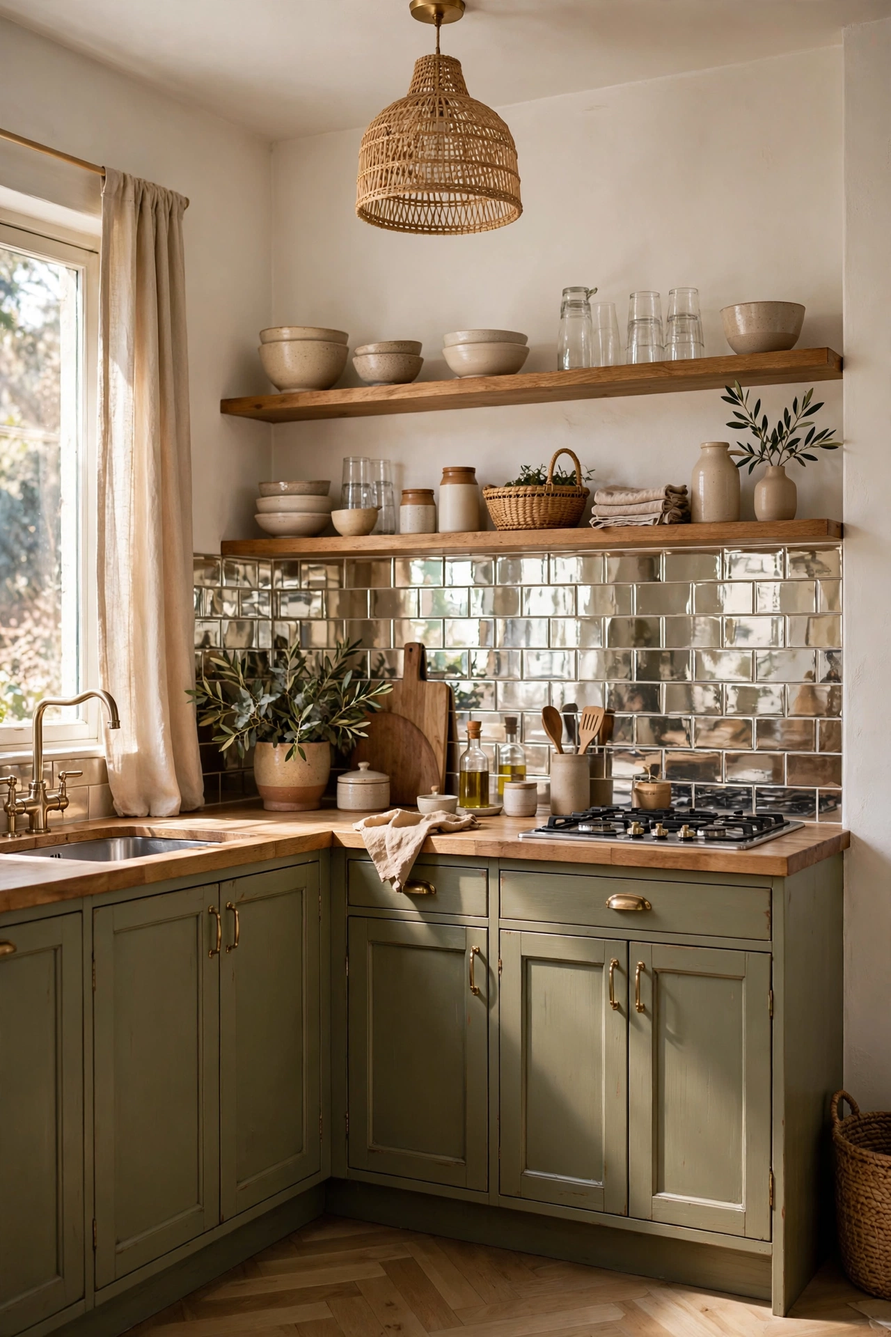 Small kitchen with olive lower cabinets, open shelves, and glossy backsplash