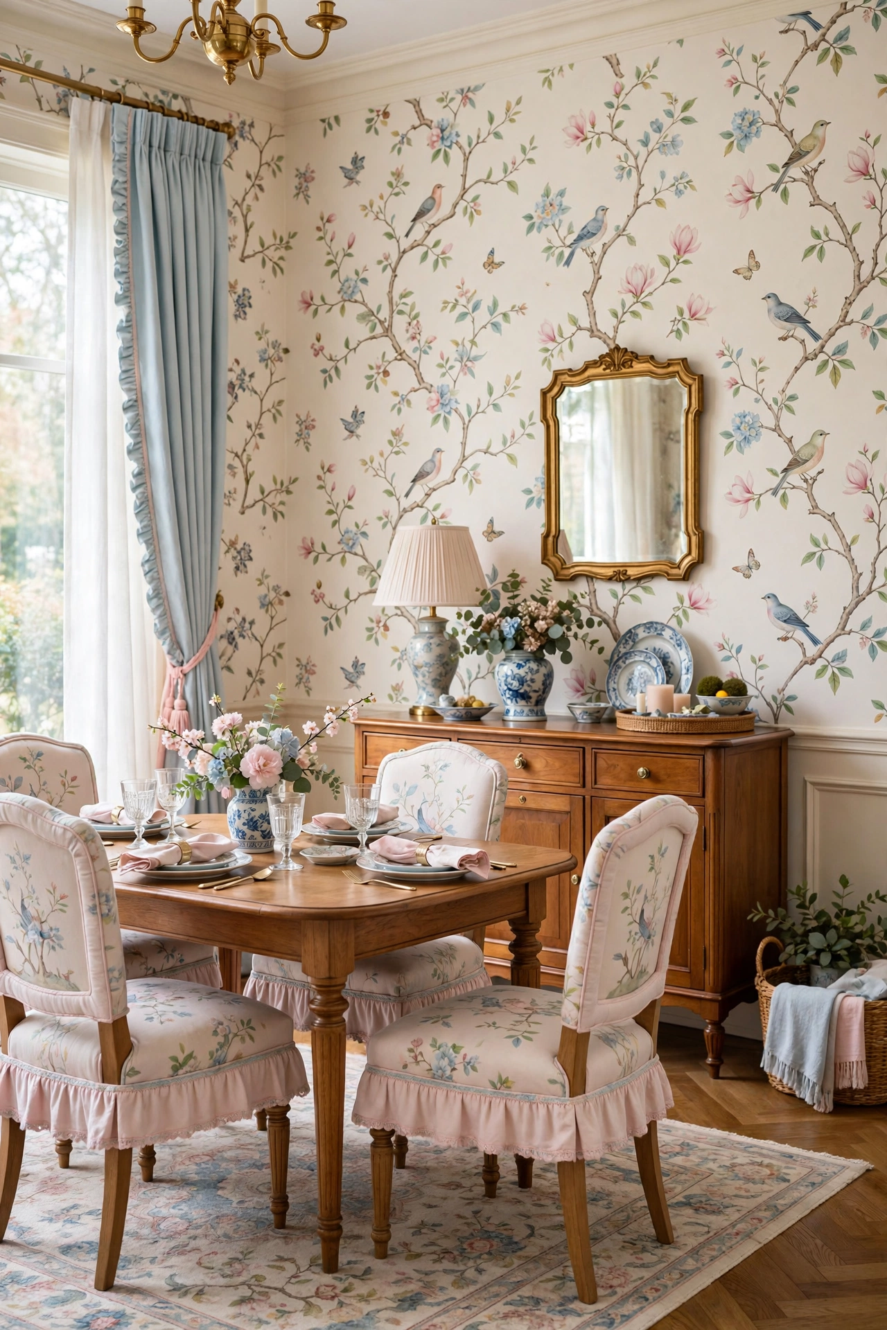 Grandmillennial dining room with Society Social pastel chinoiserie birds peel-and-stick wallpaper