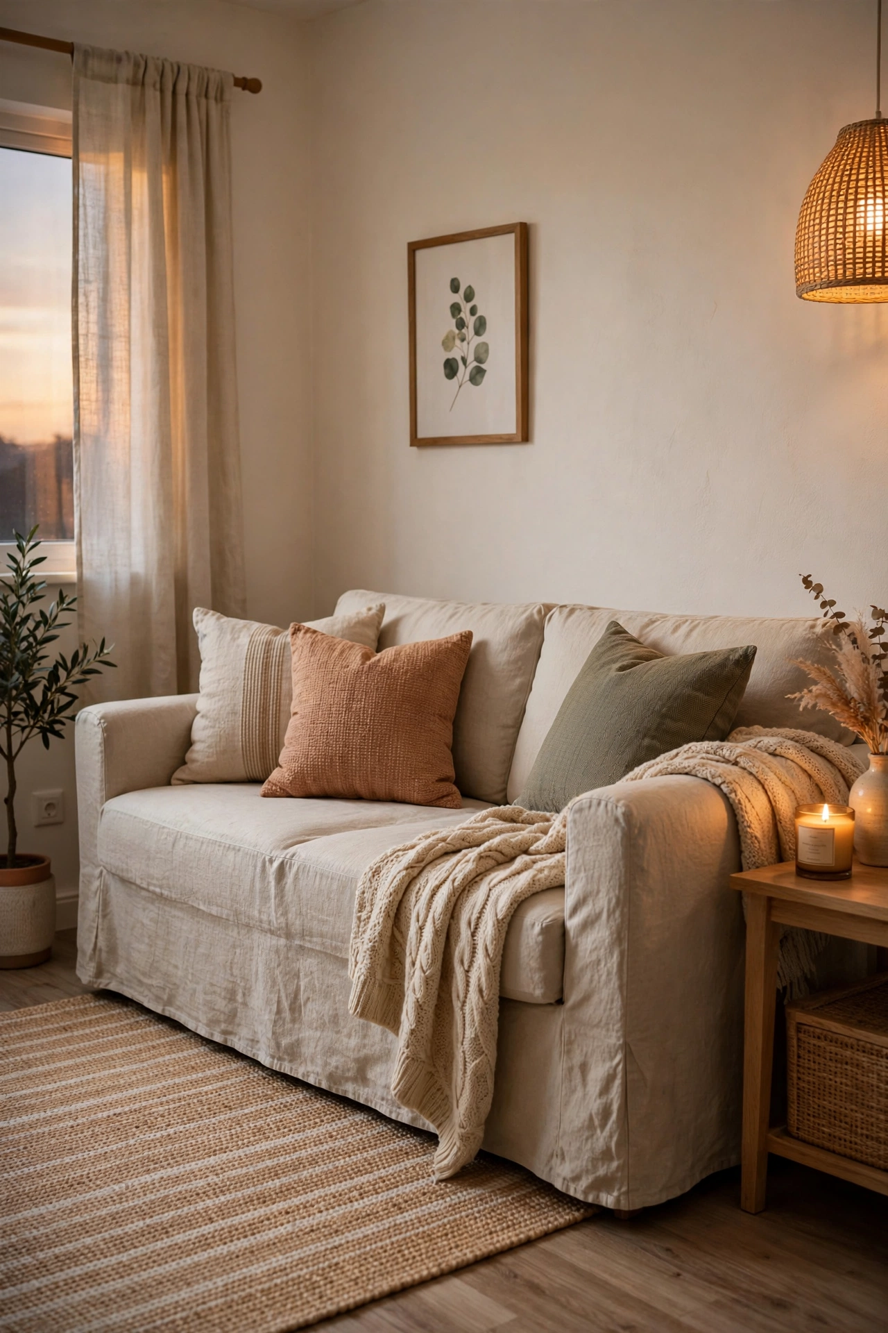 Rental living room sofa refreshed with tailored natural linen slipcover