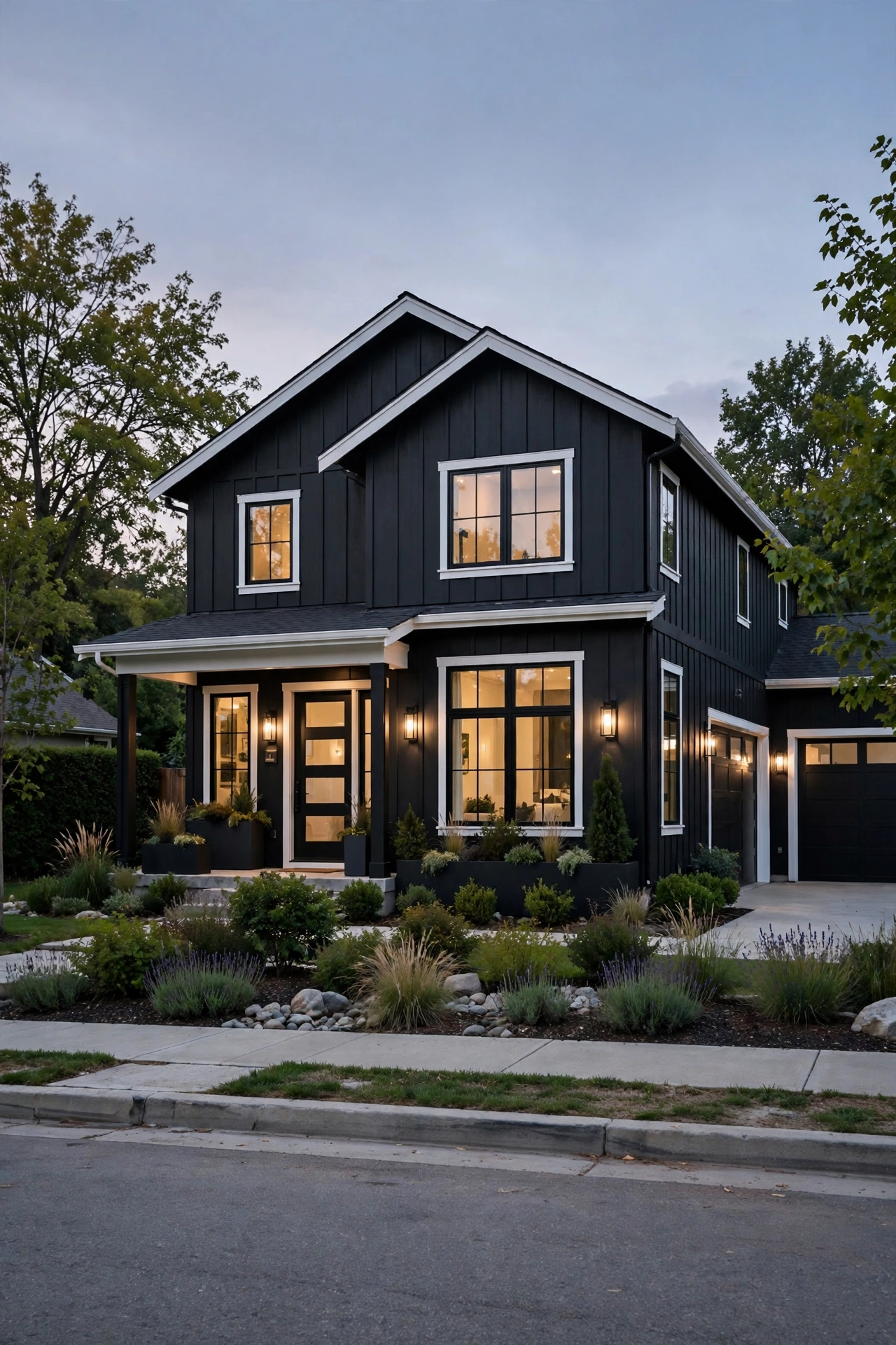 Soft black modern farmhouse with white trim and large windows at dusk