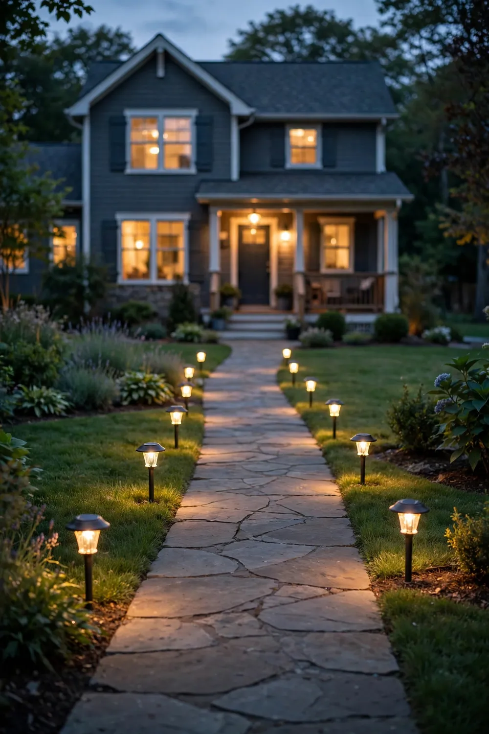 Front lawn walkway at dusk lined with warm glowing solar path lights and a softly lit house