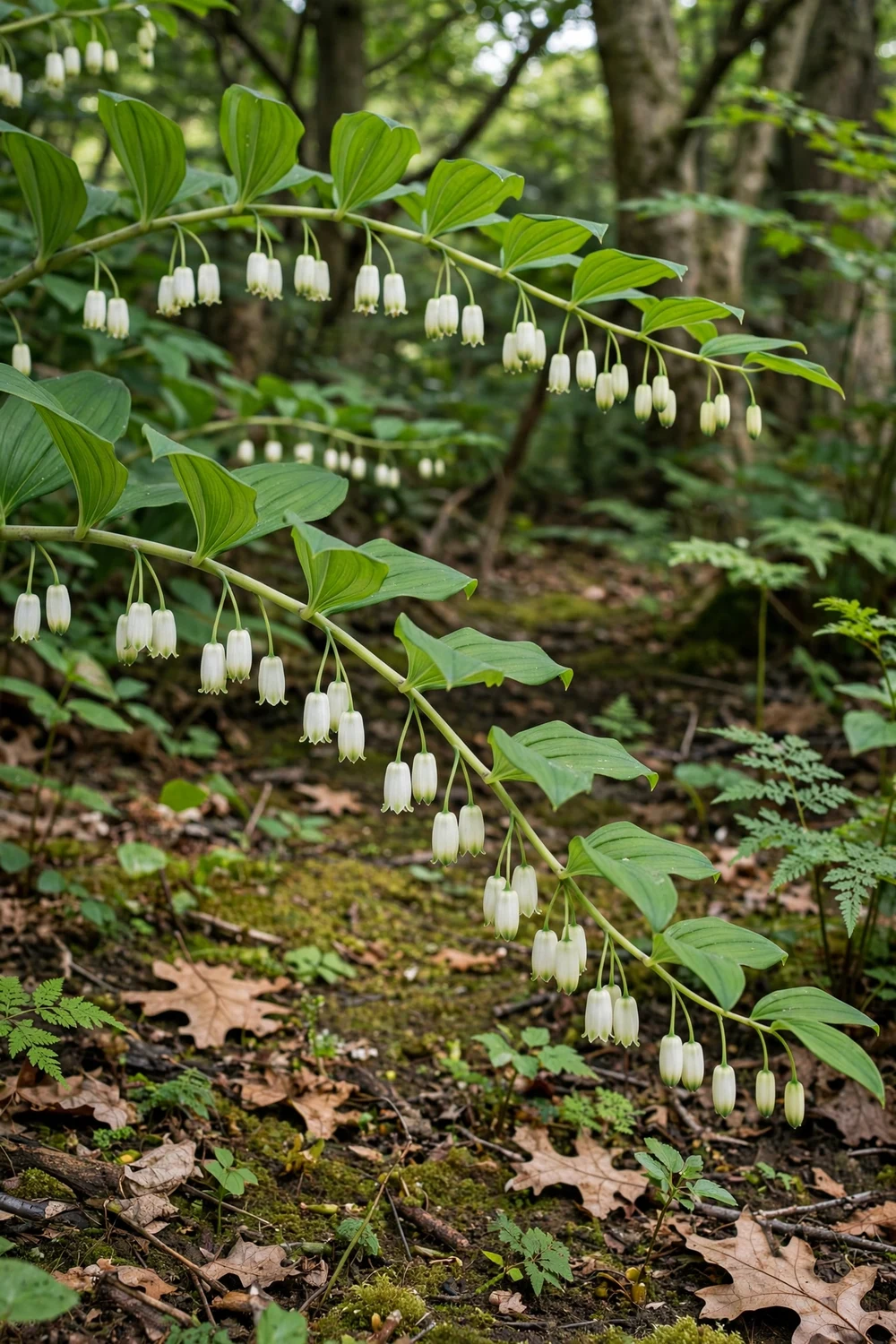 Solomon's seal with graceful arching stems and bell-shaped flowers in shade under trees
