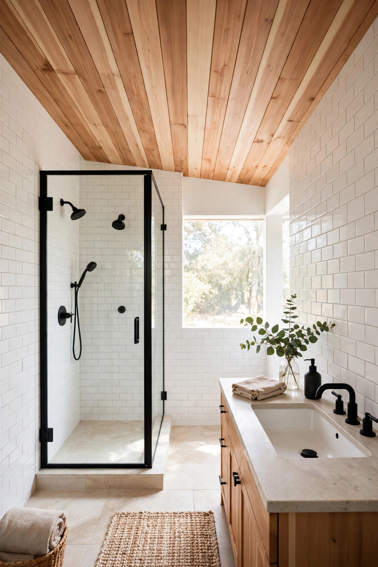 Light wood plank ceiling in a spa-like bathroom with white tile