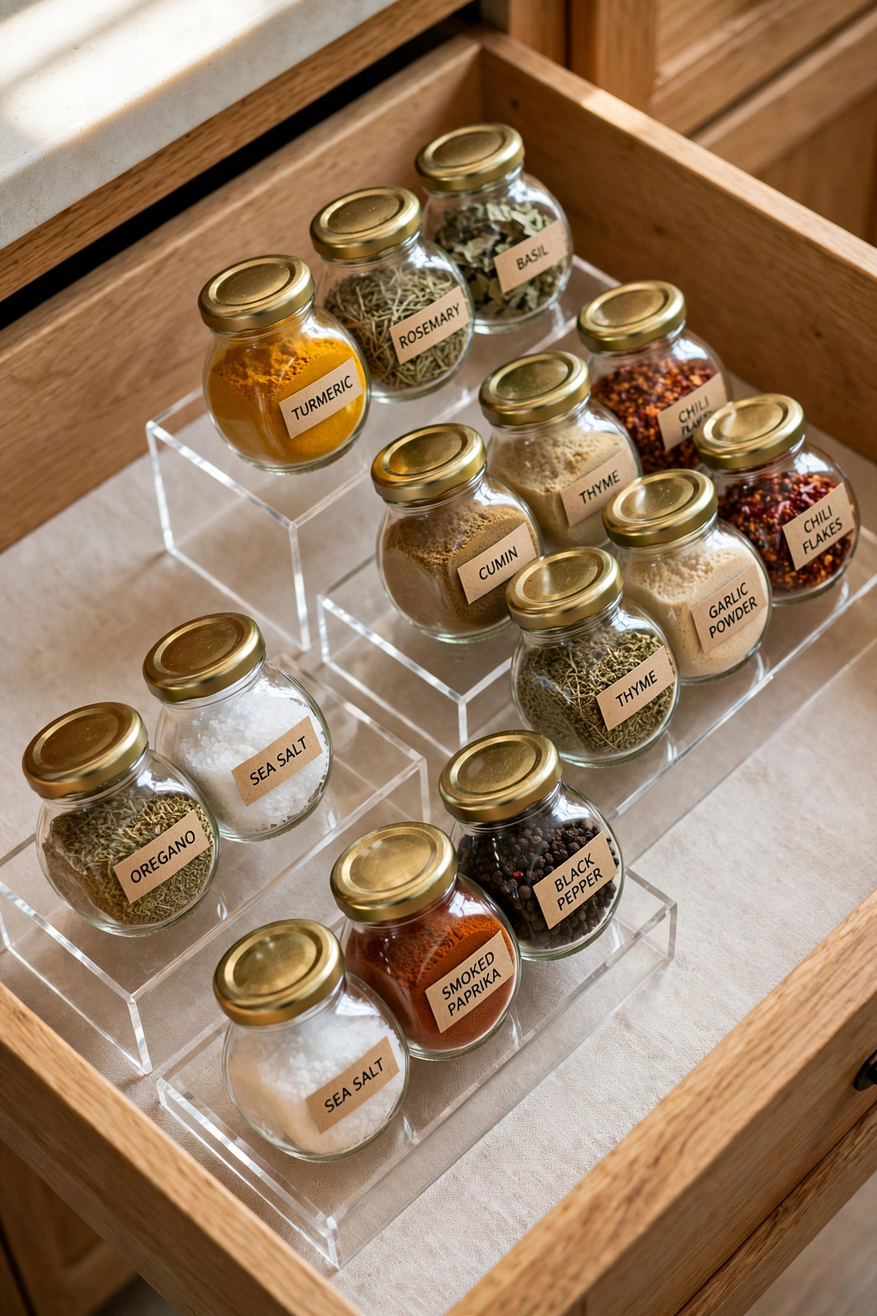 Kitchen drawer with spice jars staggered on small acrylic picture frames for visibility