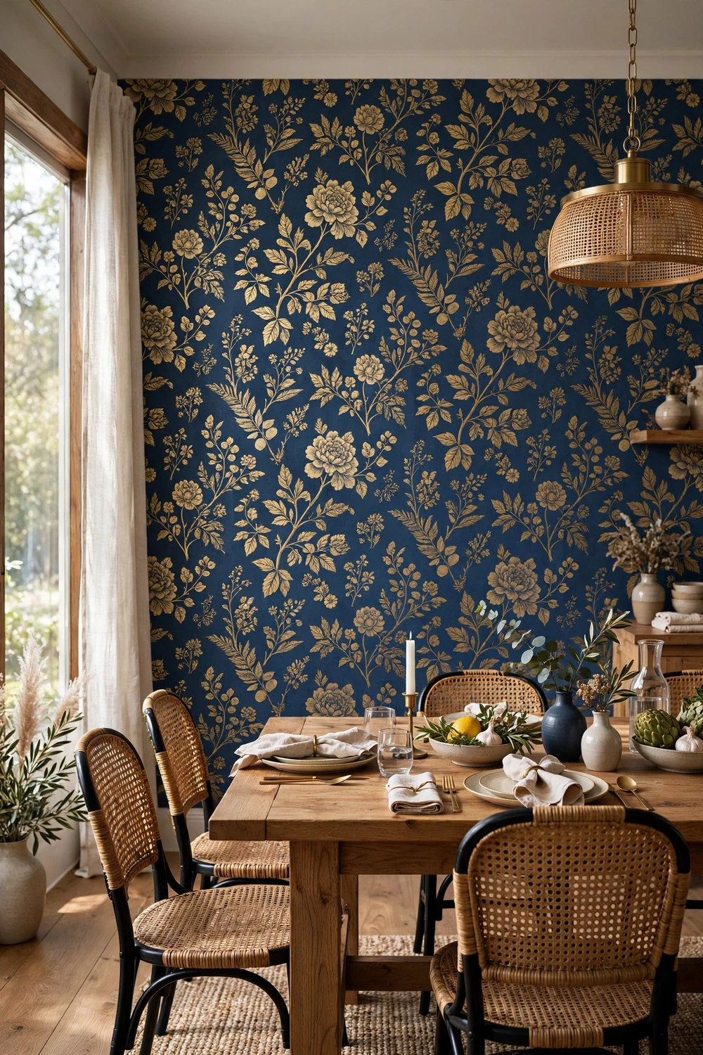 Stunning Spoonflower artist-designed removable wallpaper with an intricate floral pattern in a dining room