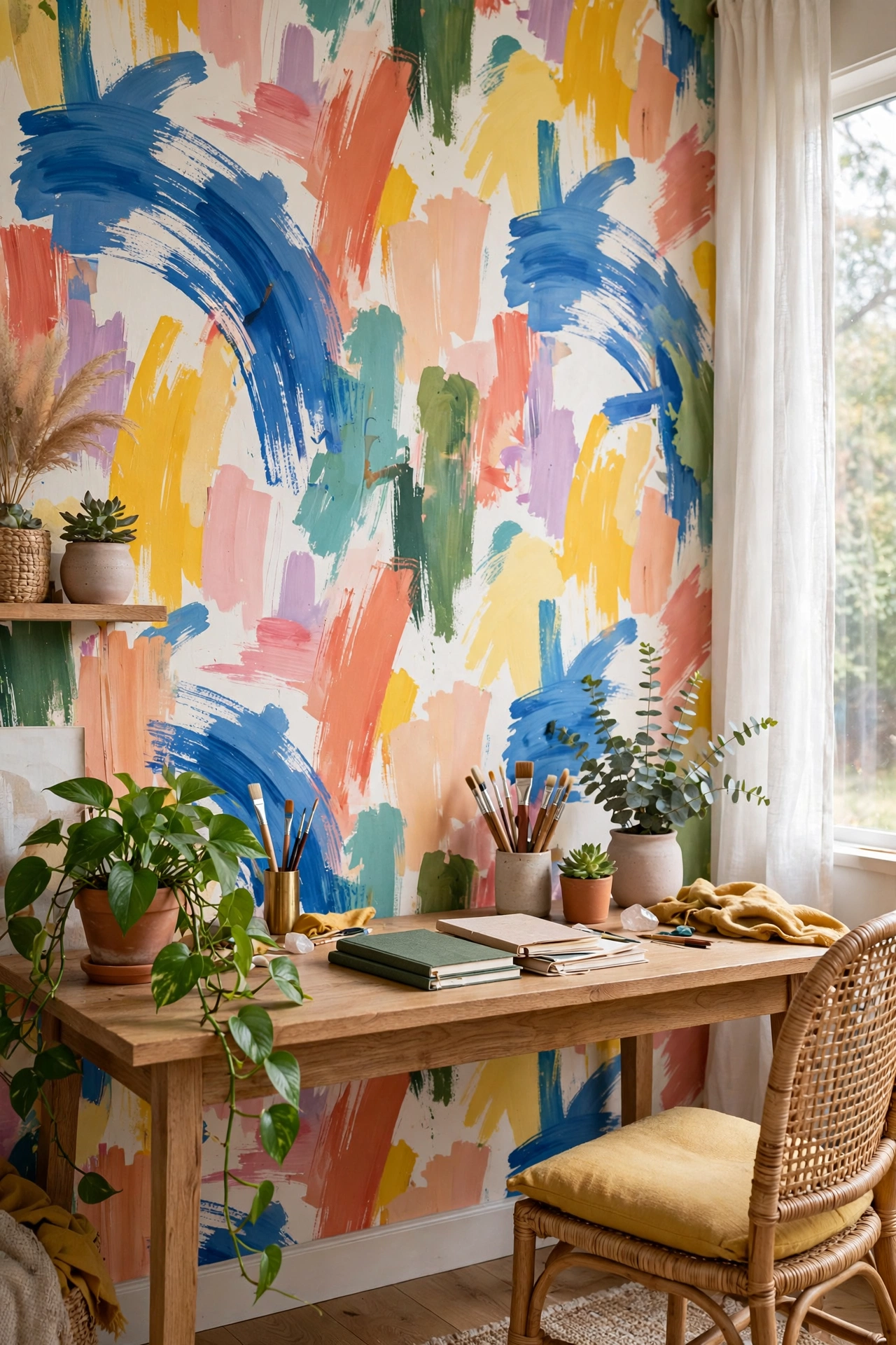 Home office wall with Spoonflower colorful abstract brushstroke artist-designed peel-and-stick wallpaper