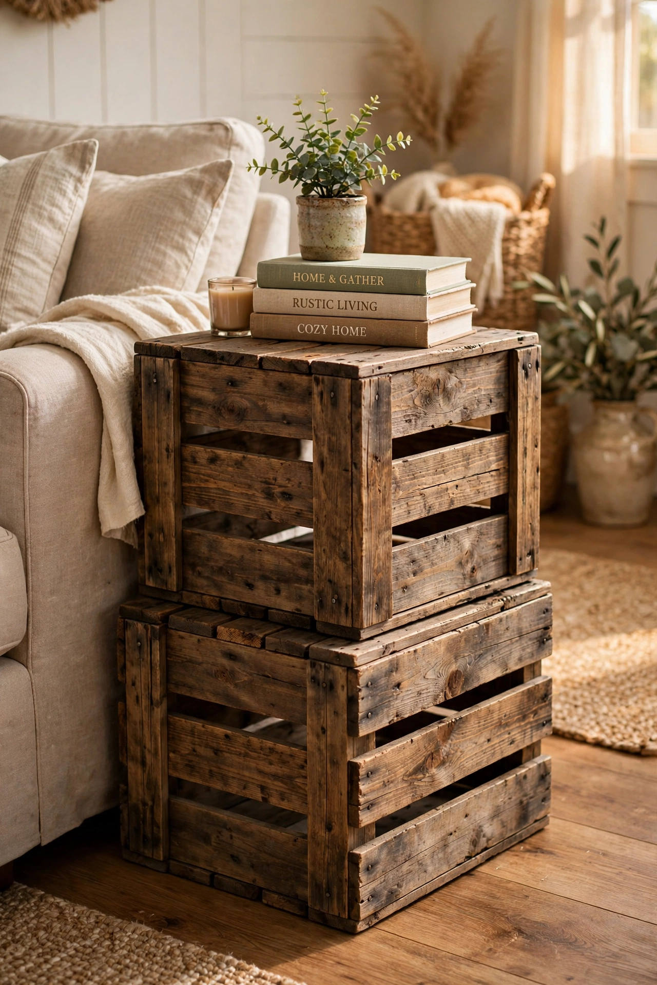 Stacked wooden crate side table beside a linen sofa with books and a plant
