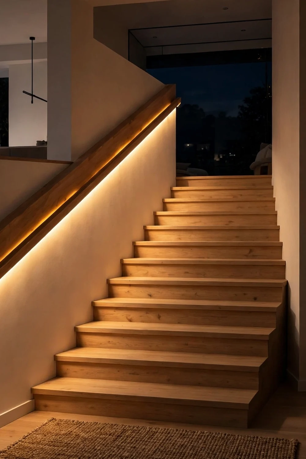 Staircase at night with a warm LED strip recessed under a wooden handrail