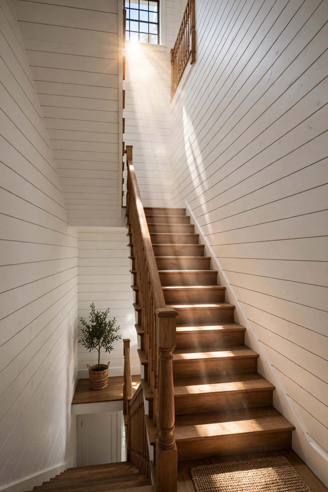Tall stairwell wall covered in white horizontal shiplap with sunlight streaming down