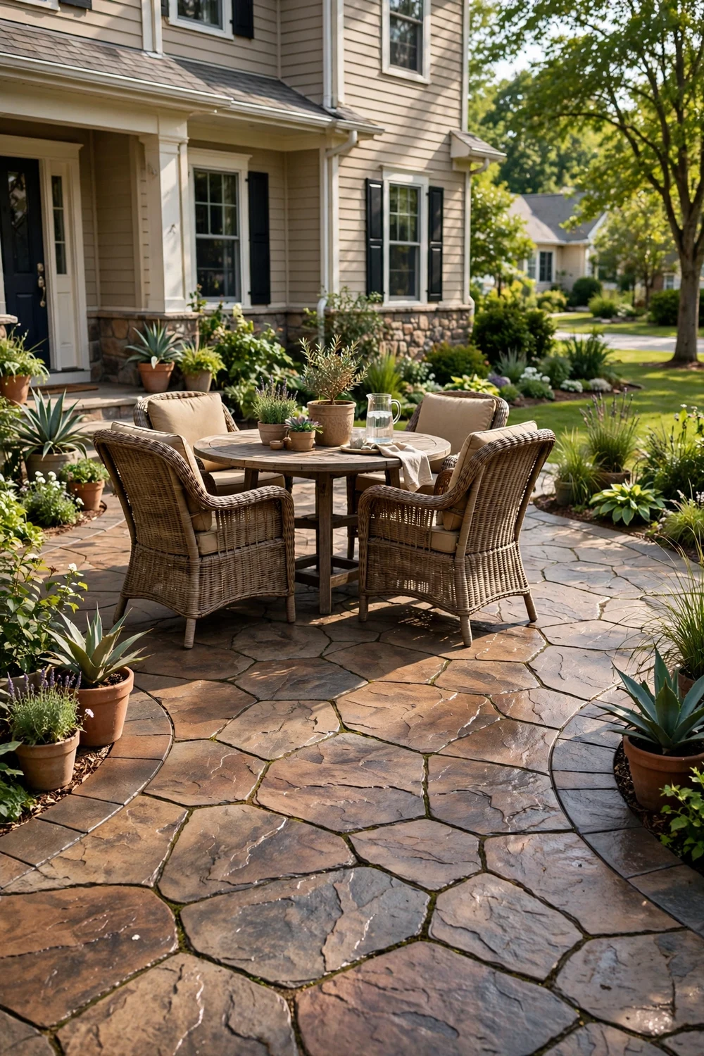 Front yard patio of stamped concrete pavers that mimic natural flagstone