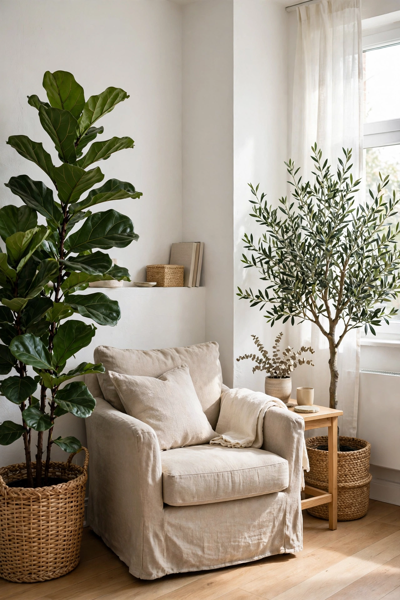 Rental living room corner with large statement indoor plants in woven baskets