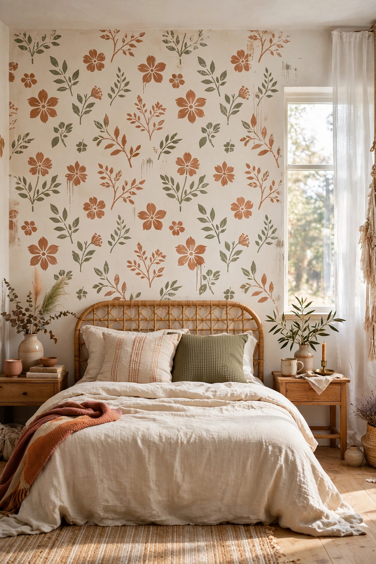 Bedroom with DIY stenciled faux floral wall treatment in a bedroom, hand-painted look