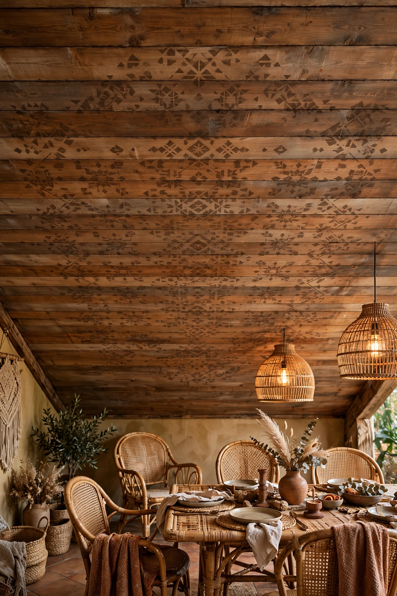 Wood plank ceiling with hand-painted stencil pattern in a boho dining room
