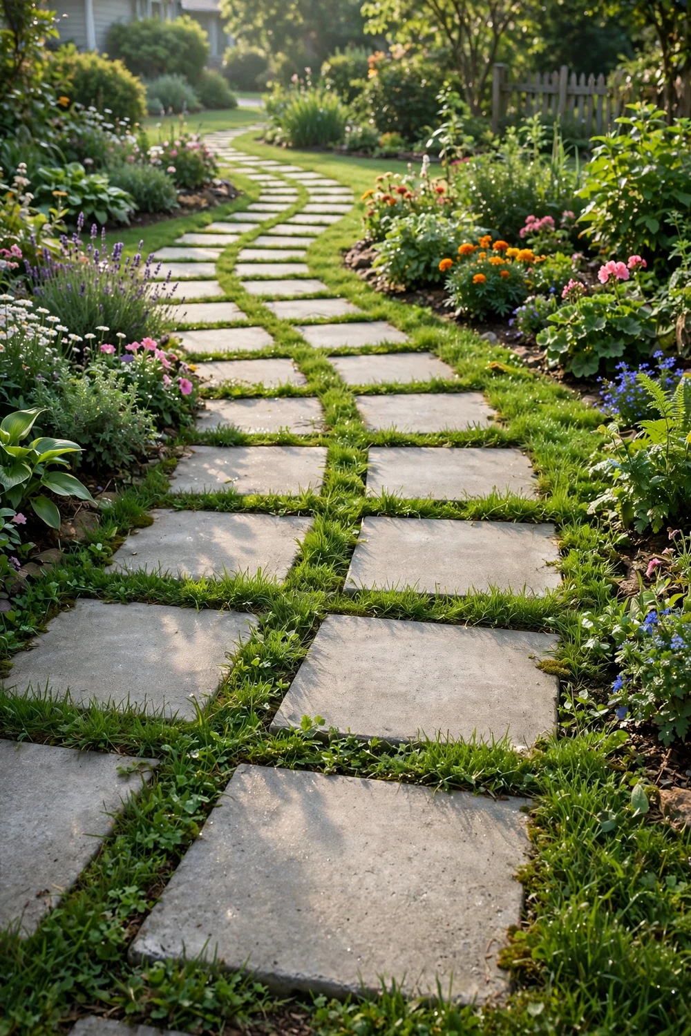Square concrete stepping stone pavers with lush green grass growing between them in a front yard