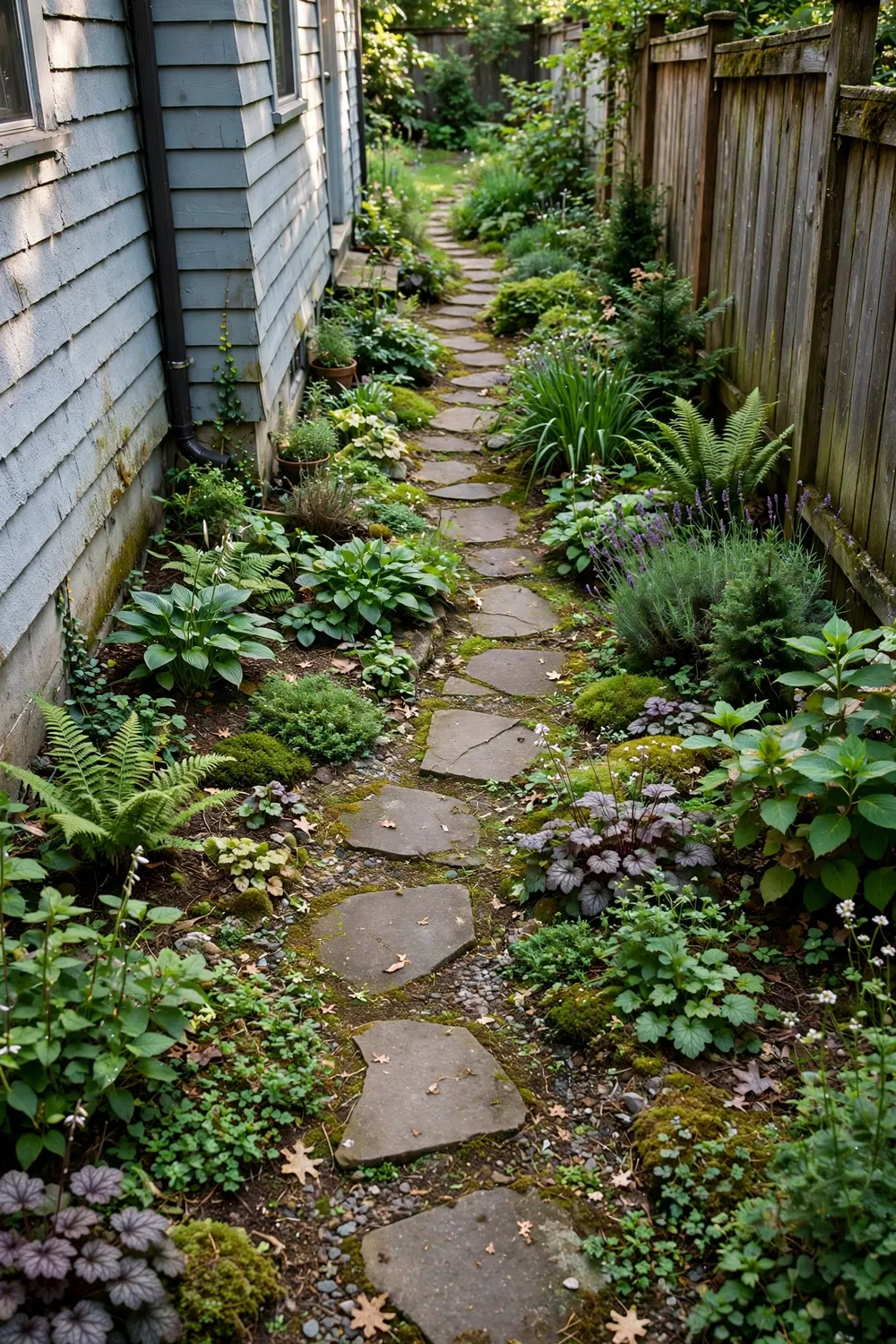 Stepping stones winding through a narrow side yard garden with lush planting between house and fence