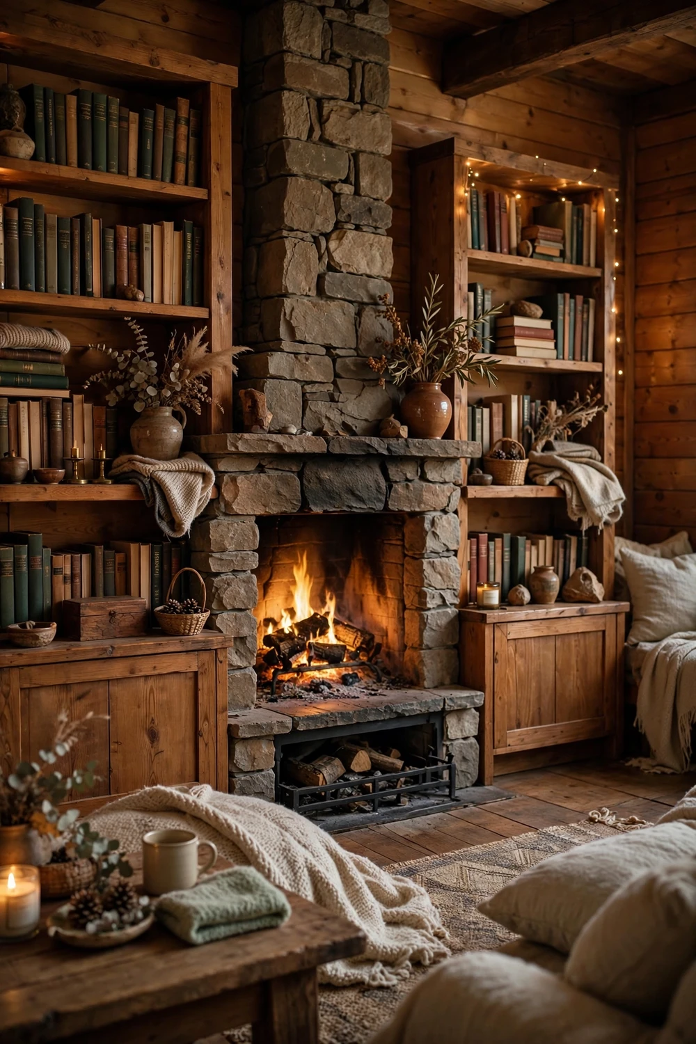 Stone fireplace with warm wooden bookshelves on each side in a rustic living room