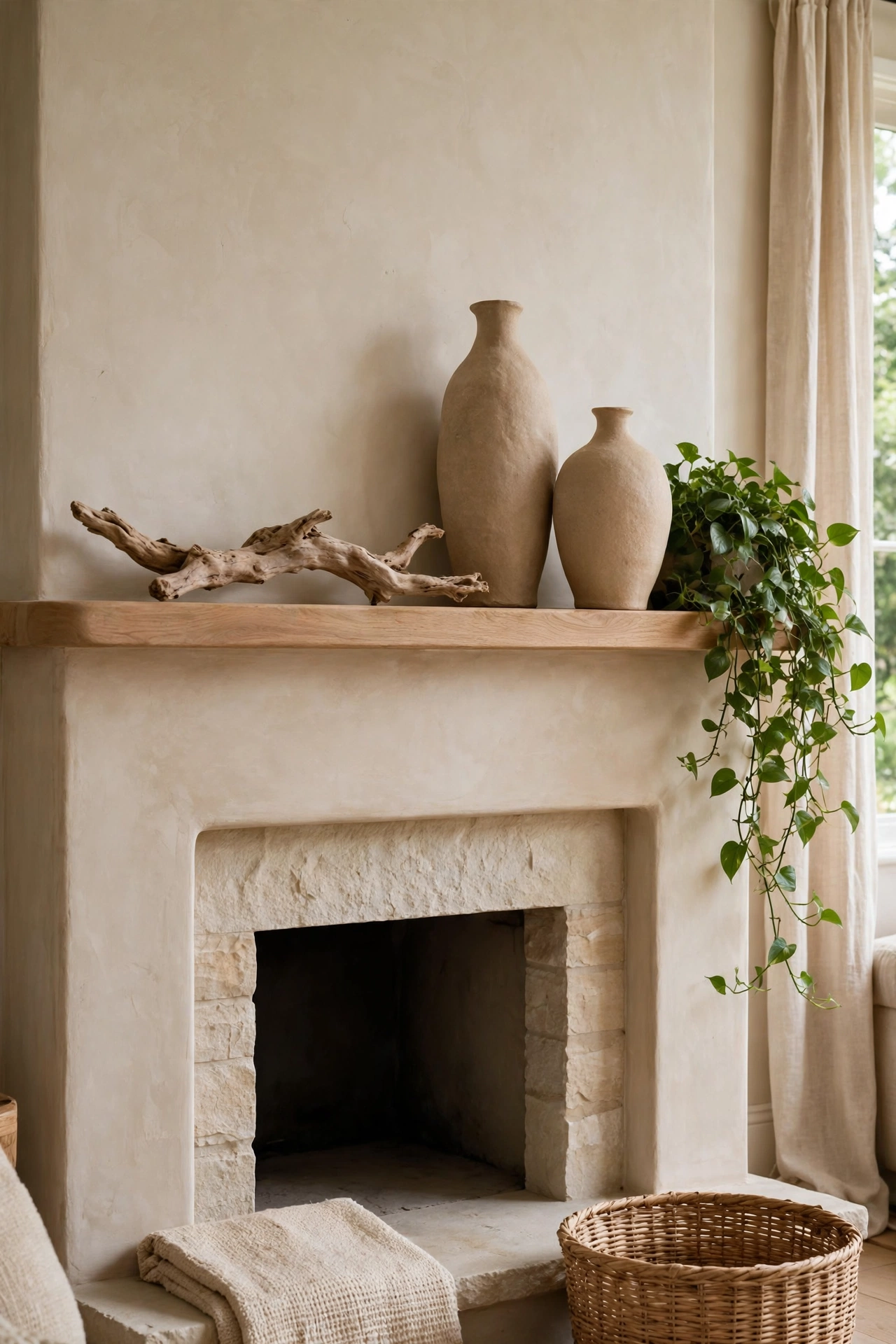 Fireplace mantel styled with driftwood ceramics and a trailing plant in neutral tones