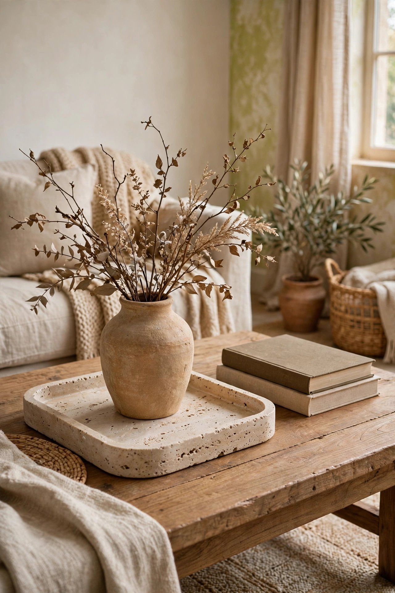 Coffee table styled with a travertine tray vase with branches and books