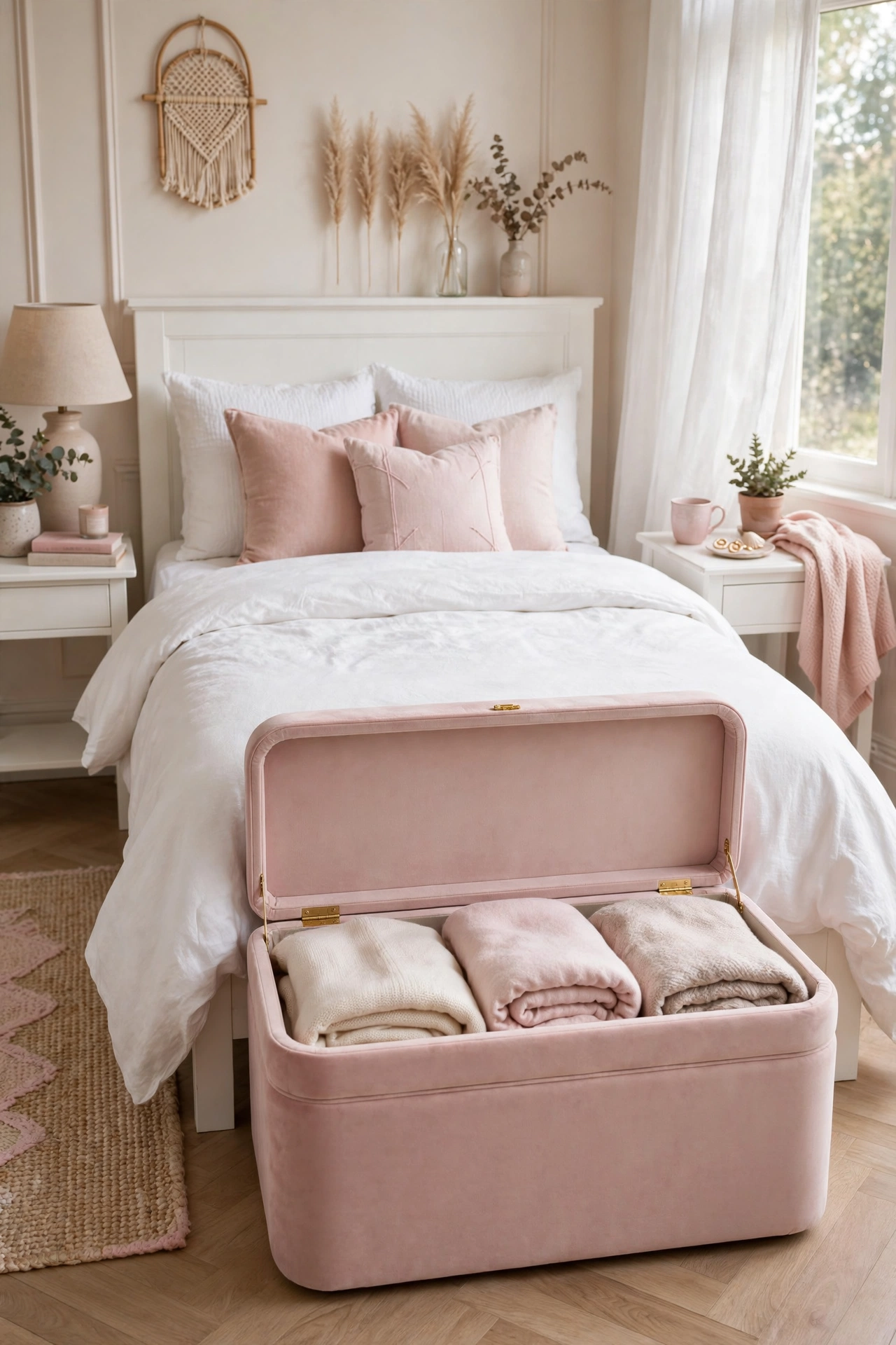 Blush pink velvet storage ottoman bench at the foot of a white teen bed
