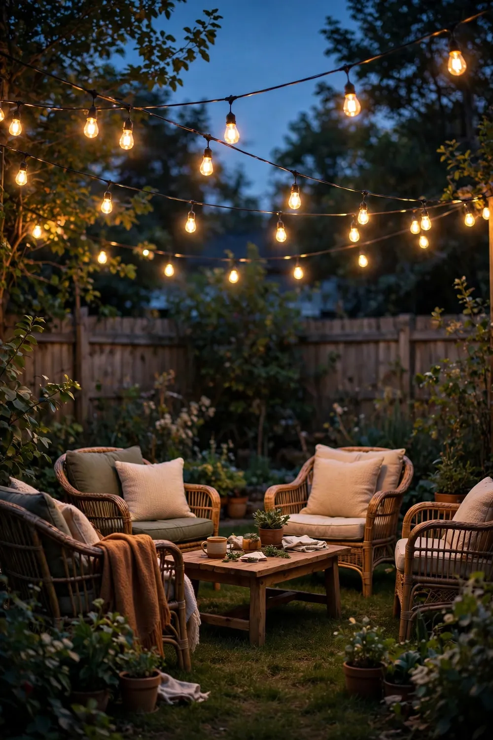 Warm string lights glowing over a backyard lawn seating area at twilight
