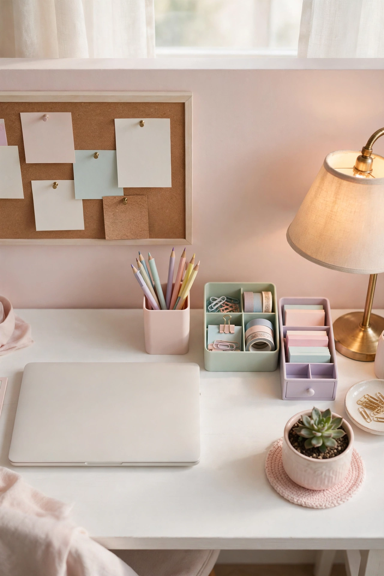 Aesthetic teen study desk with pastel organizers, succulent, corkboard, and warm lamp