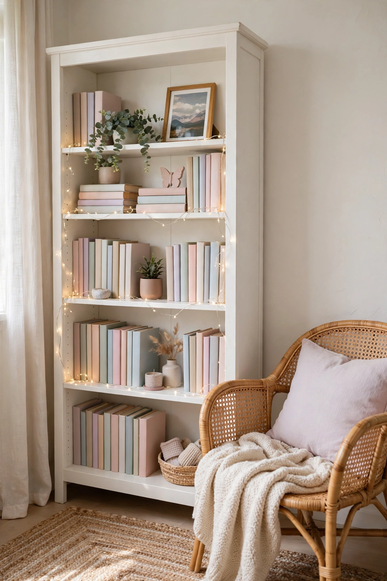 White bookshelf styled with pastel books, plants, photos, and string lights in a teen bedroom