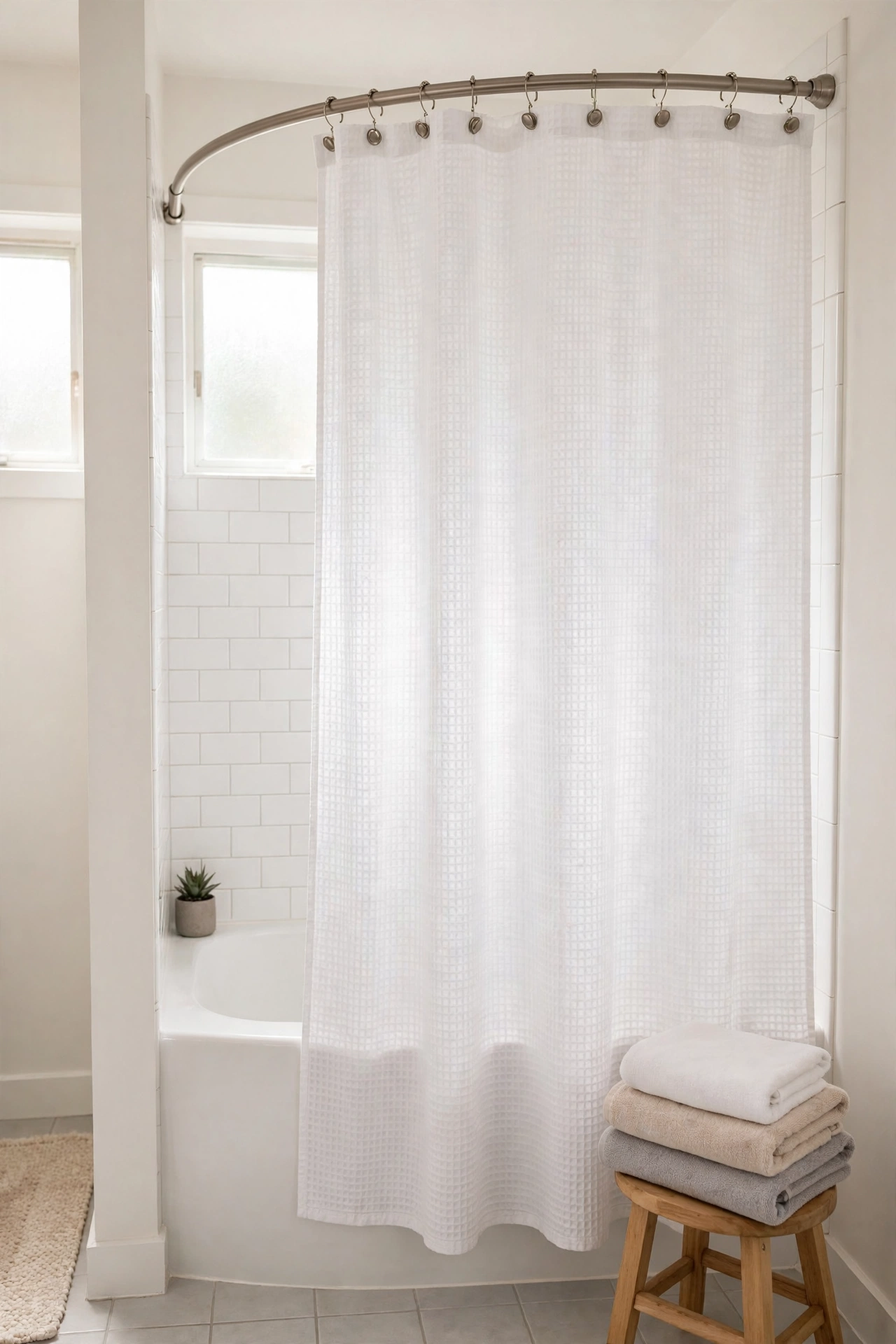 Bright rental bathroom with stylish waffle-weave shower curtain on tension rod
