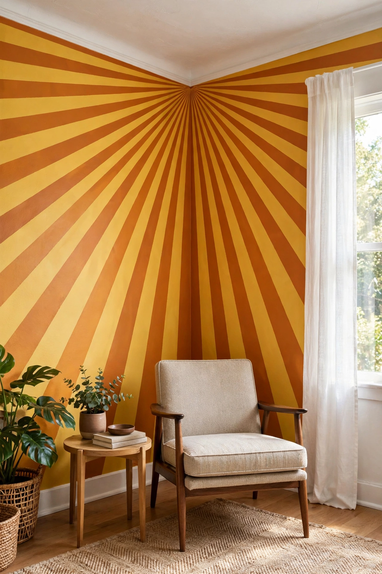 Living room corner wall with radiating sunburst lines in mustard and orange