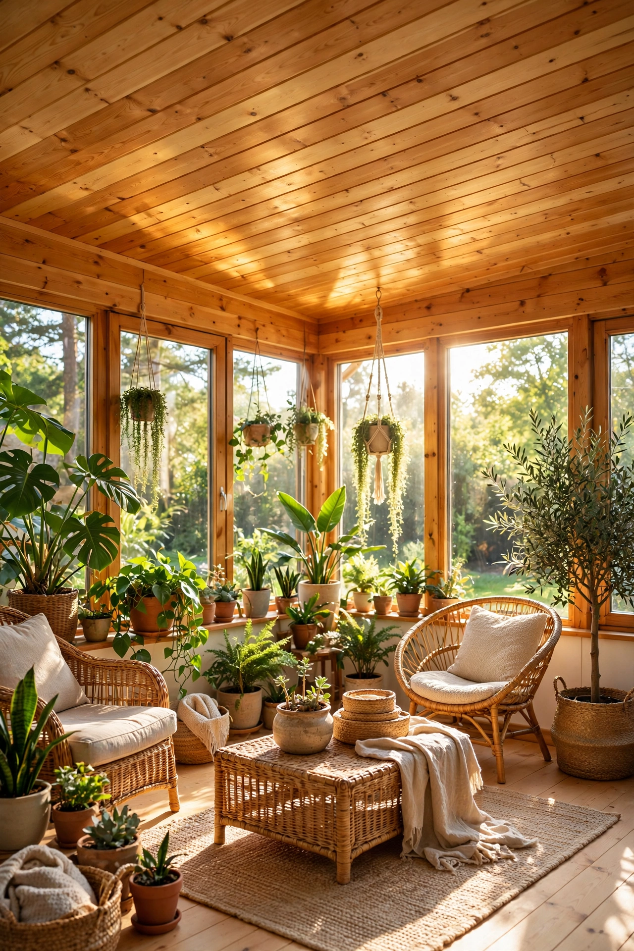 Natural pine plank ceiling in a bright sunroom with plants