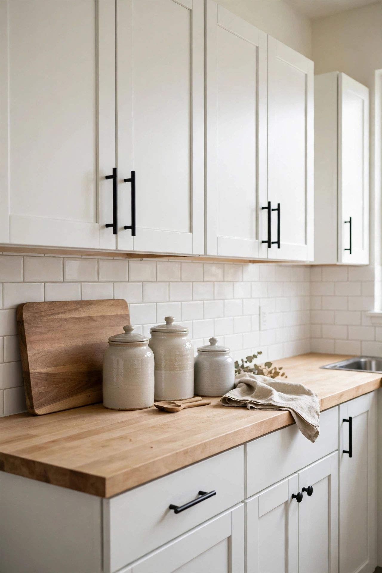 Rental kitchen cabinets with upgraded matte black bar handles on white shaker doors