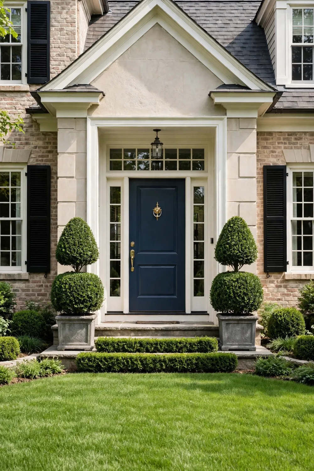 Symmetrical clipped boxwood topiaries in planters framing an elegant house entrance with manicured lawn