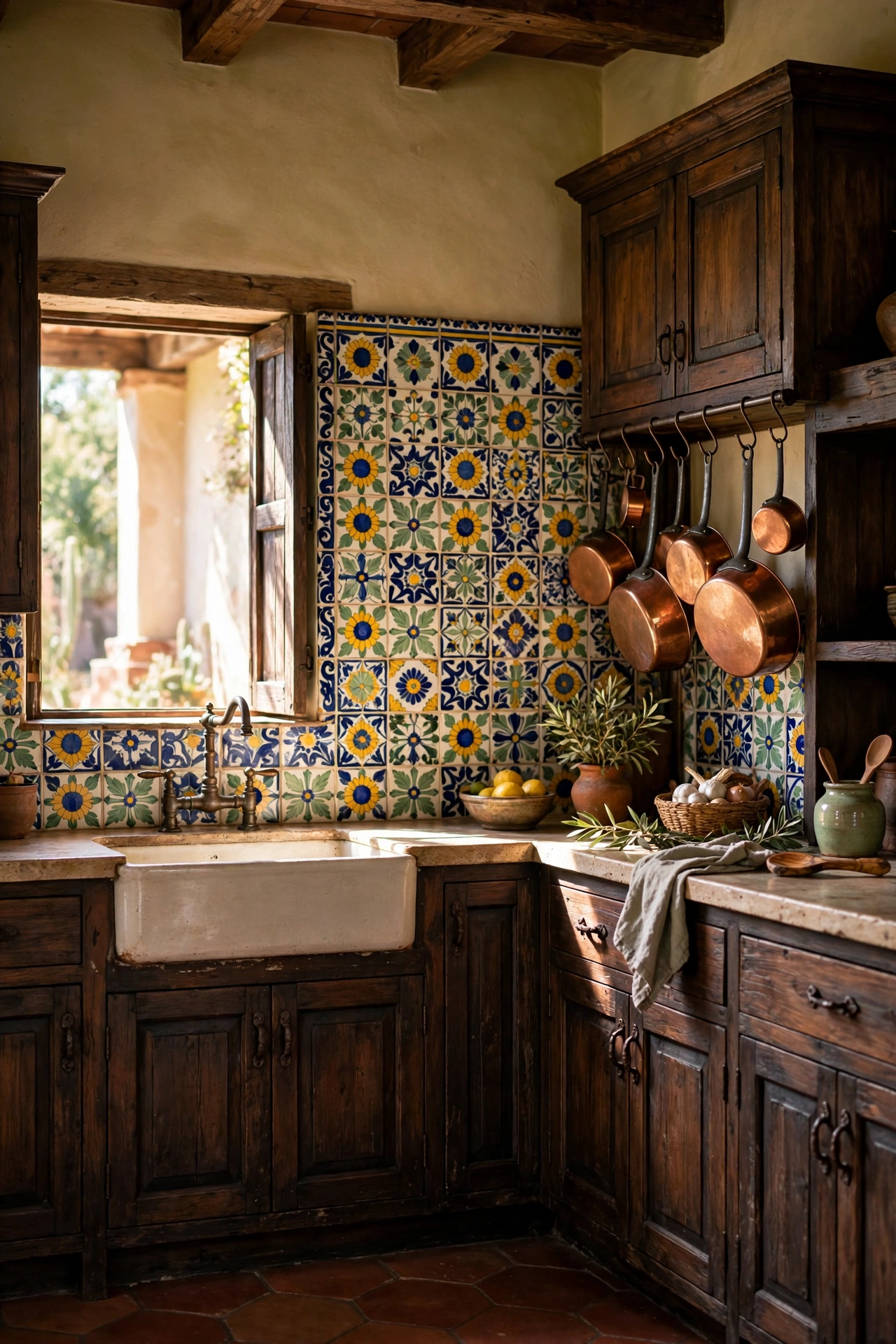 Hacienda kitchen with hand-painted Talavera tile backsplash in cobalt blue and yellow