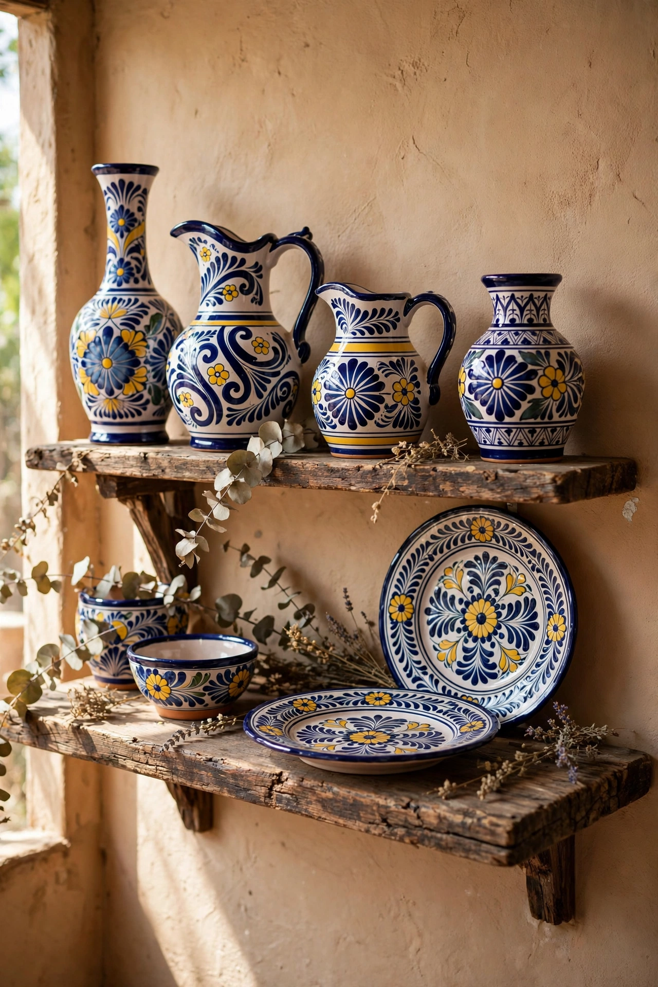 Collection of hand-painted Talavera pottery vases and plates on a rustic wooden shelf