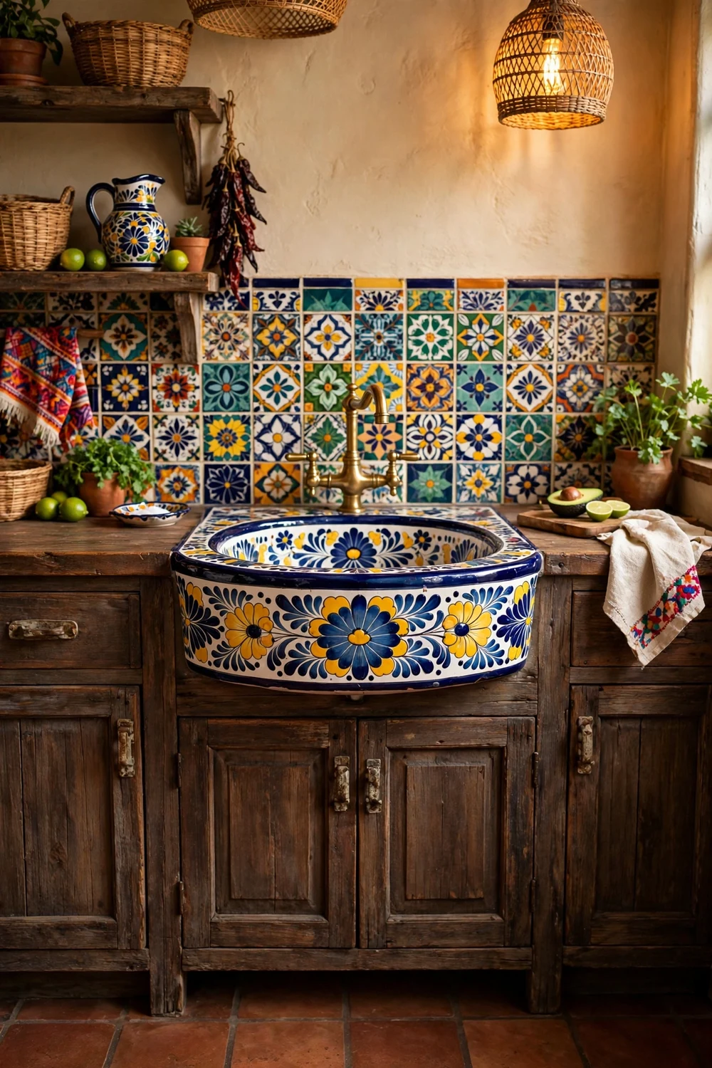 Colorful hand-painted Talavera tile sink in a Mexican style kitchen