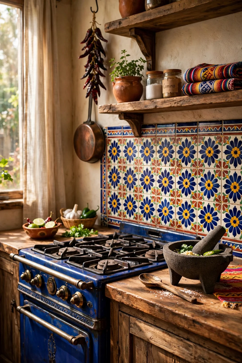Hand-painted blue and yellow Talavera tile backsplash behind a stove in a Mexican style kitchen