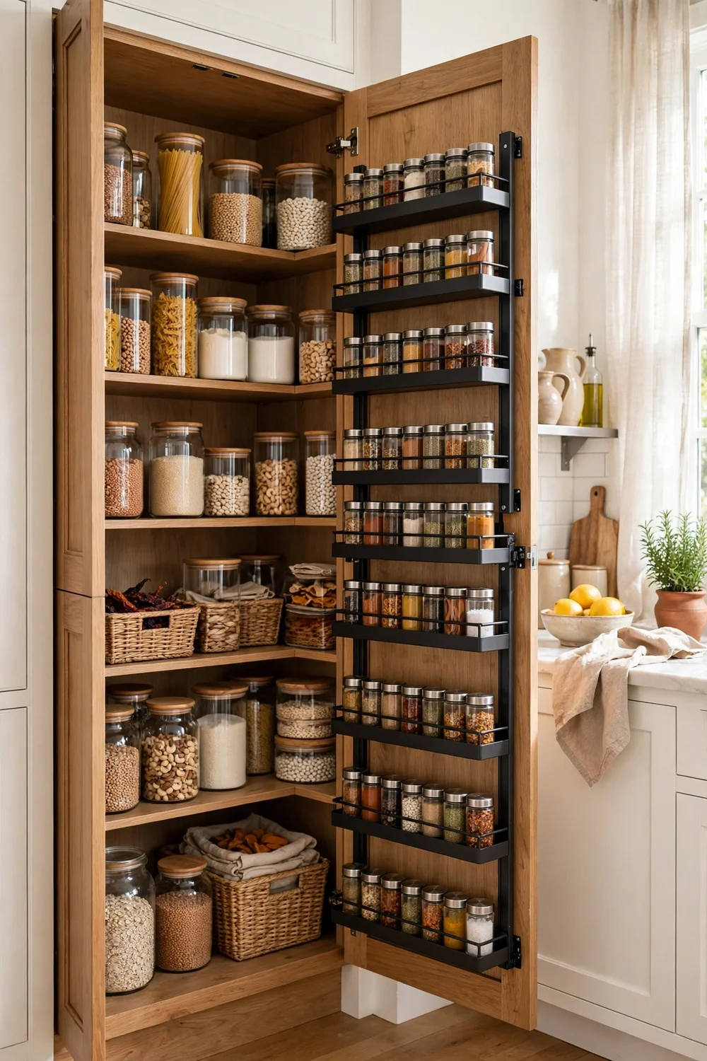 Tall corner pantry cabinet in kitchen with pull-out spice racks and pantry storage