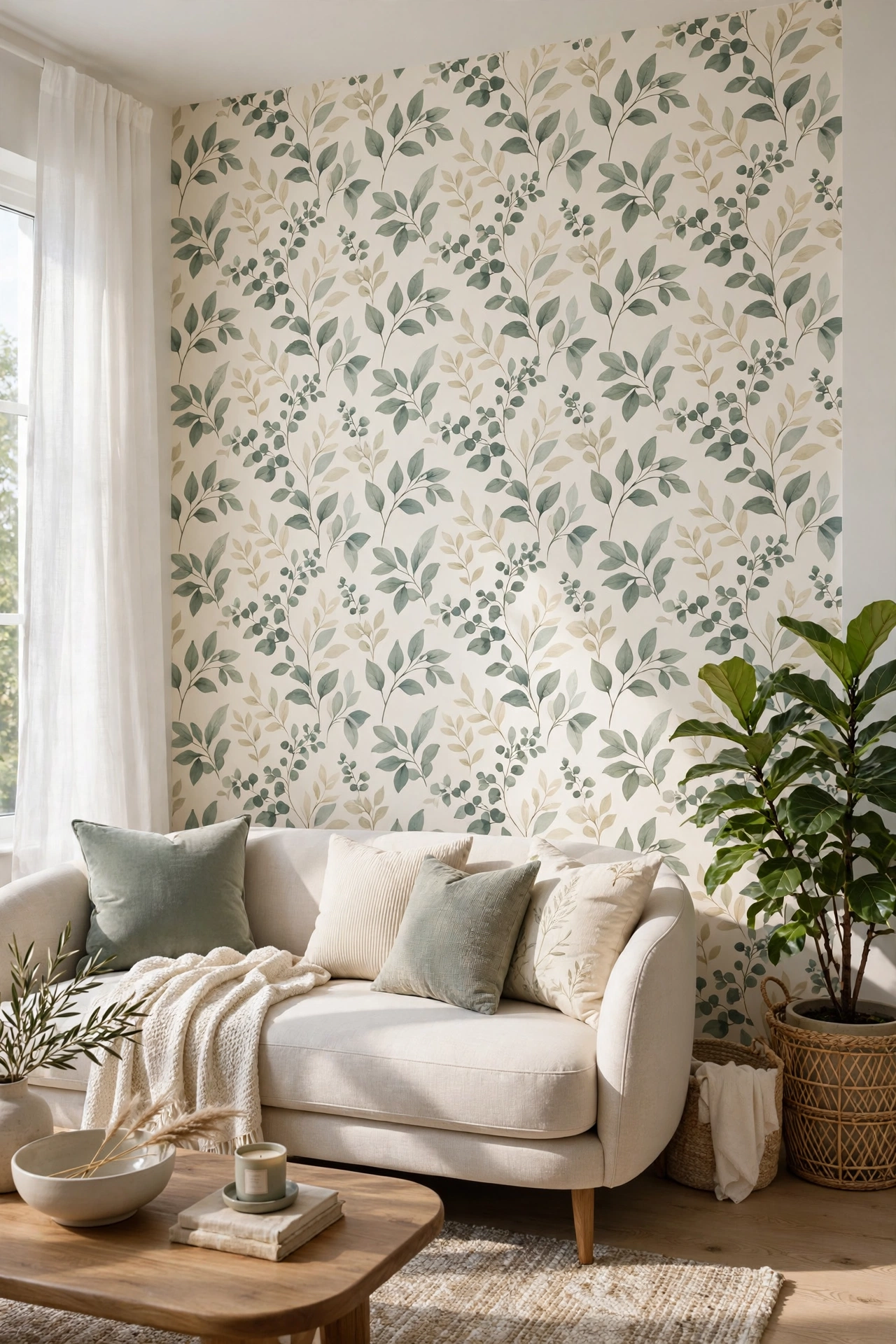 Elegant living room accent wall with Tempaper designer peel-and-stick botanical wallpaper in sage and cream