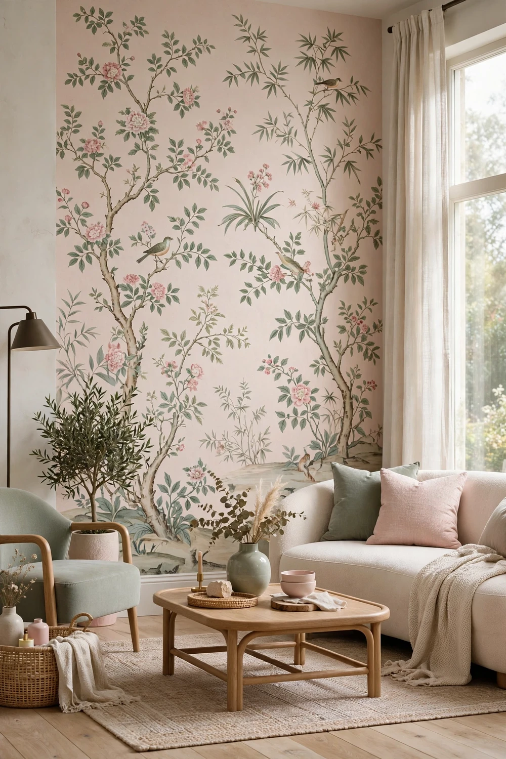 Stunning Tempaper peel-and-stick removable wallpaper with an elegant designer pattern in a modern living room