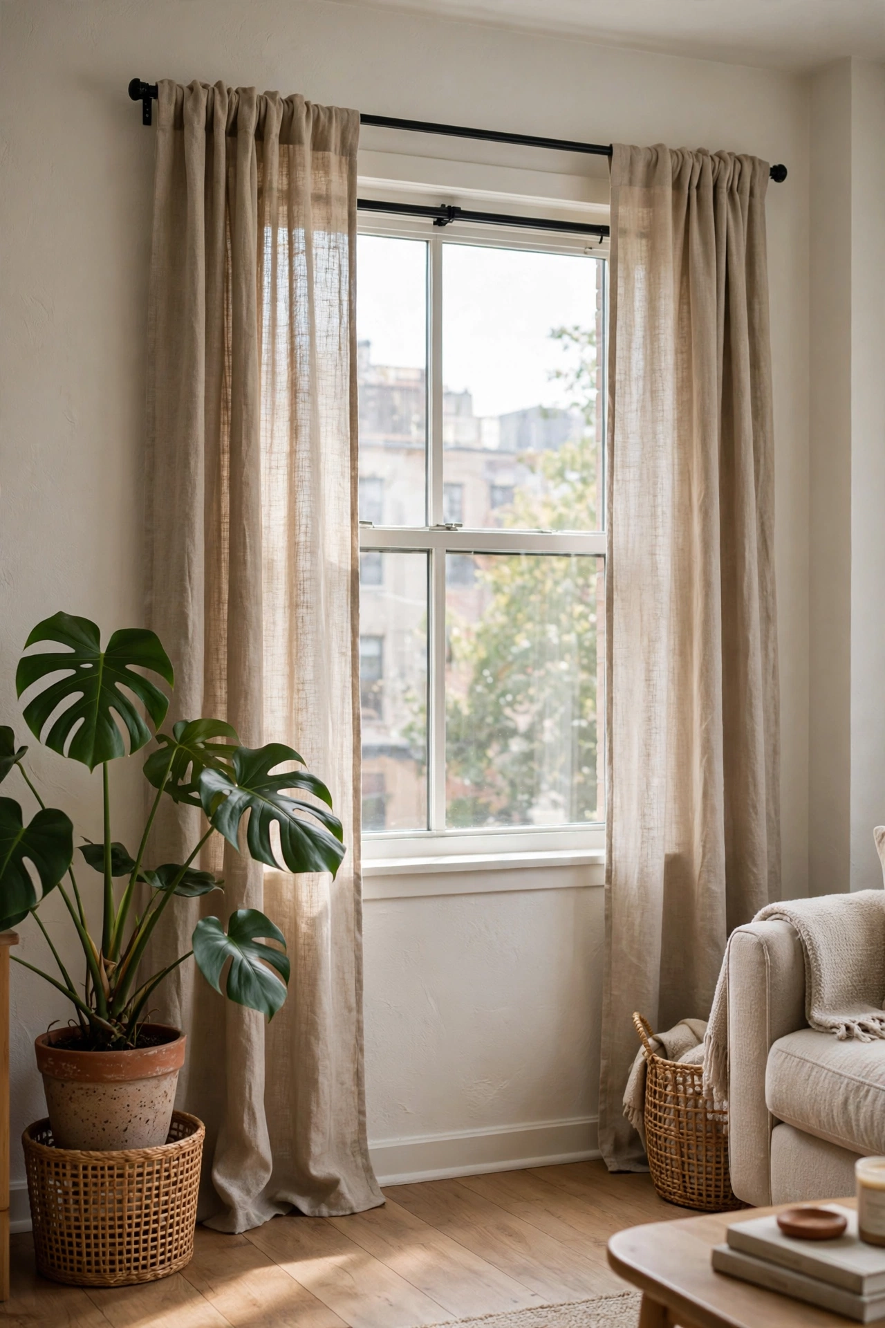 Rental living room window with linen curtains hung on a black tension rod