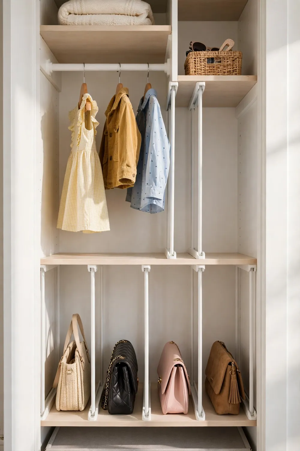 Tension rods used as shelf dividers organizing folded clothes in a closet