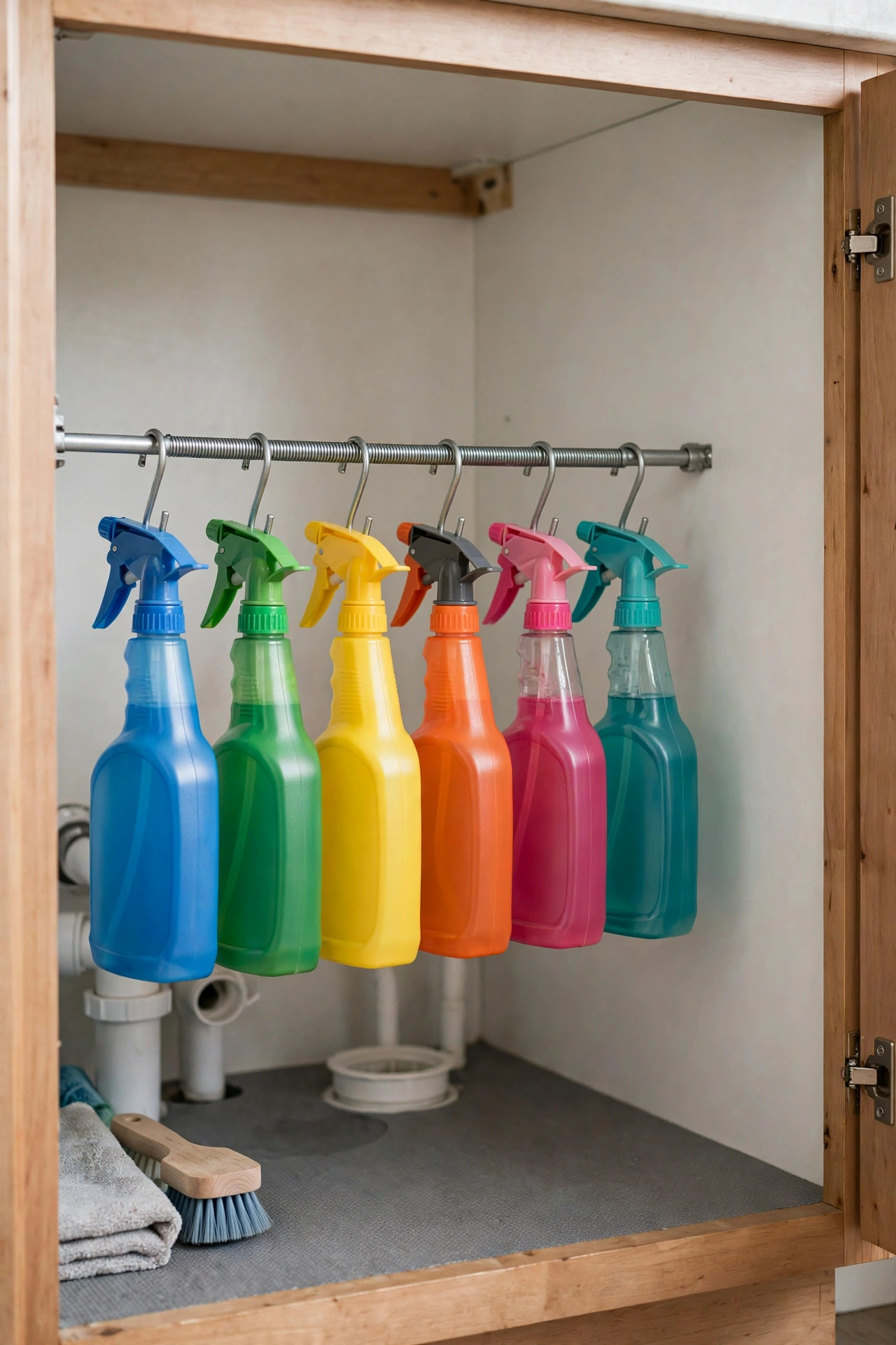 Tension rod installed under a sink with spray bottles hanging from the trigger handles