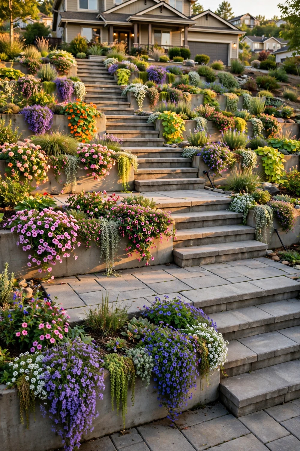 Terraced sloped front yard with wide concrete paver steps and planted retaining walls