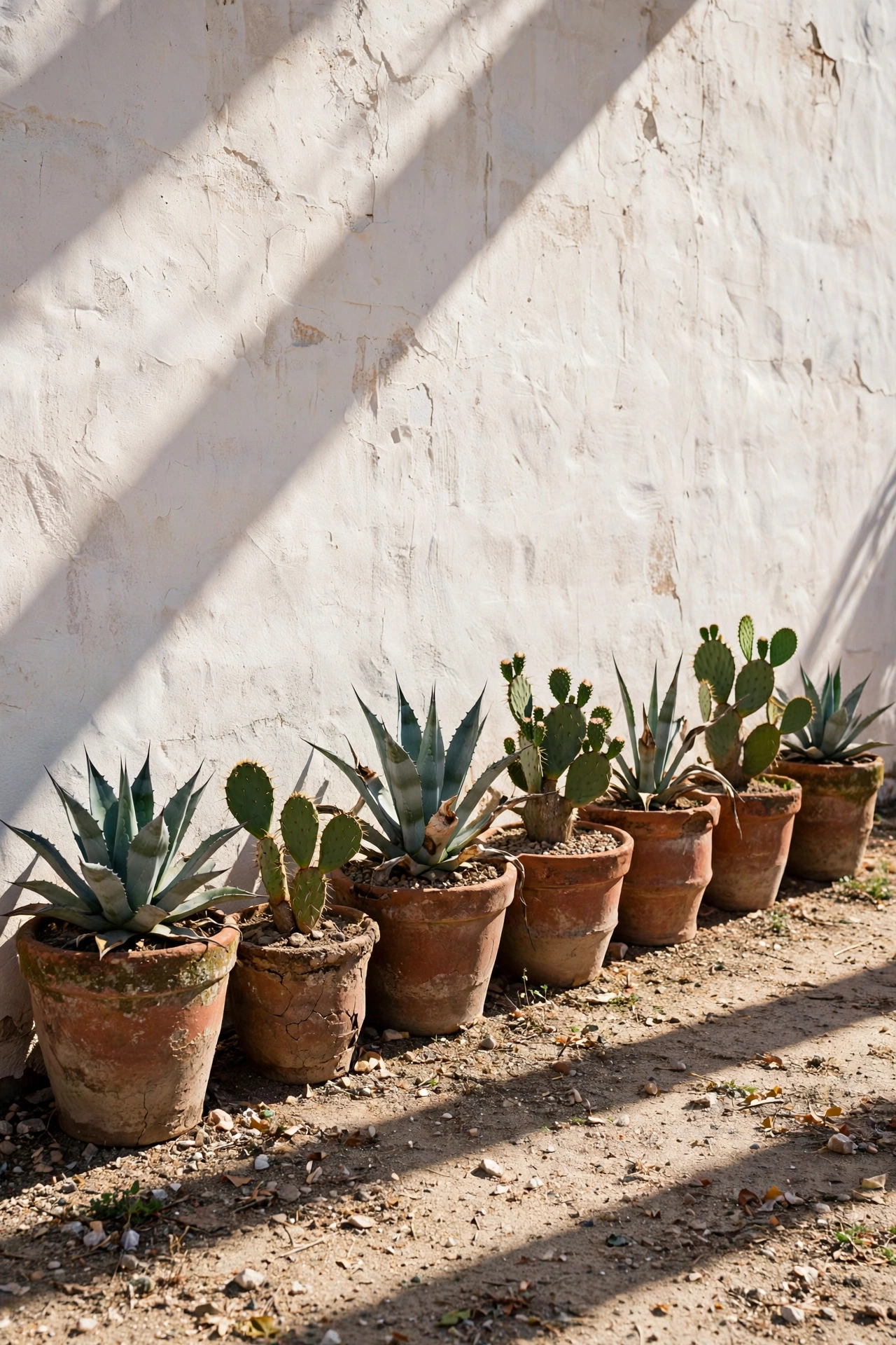 Weathered terracotta pots with agave and cacti against a whitewashed hacienda wall