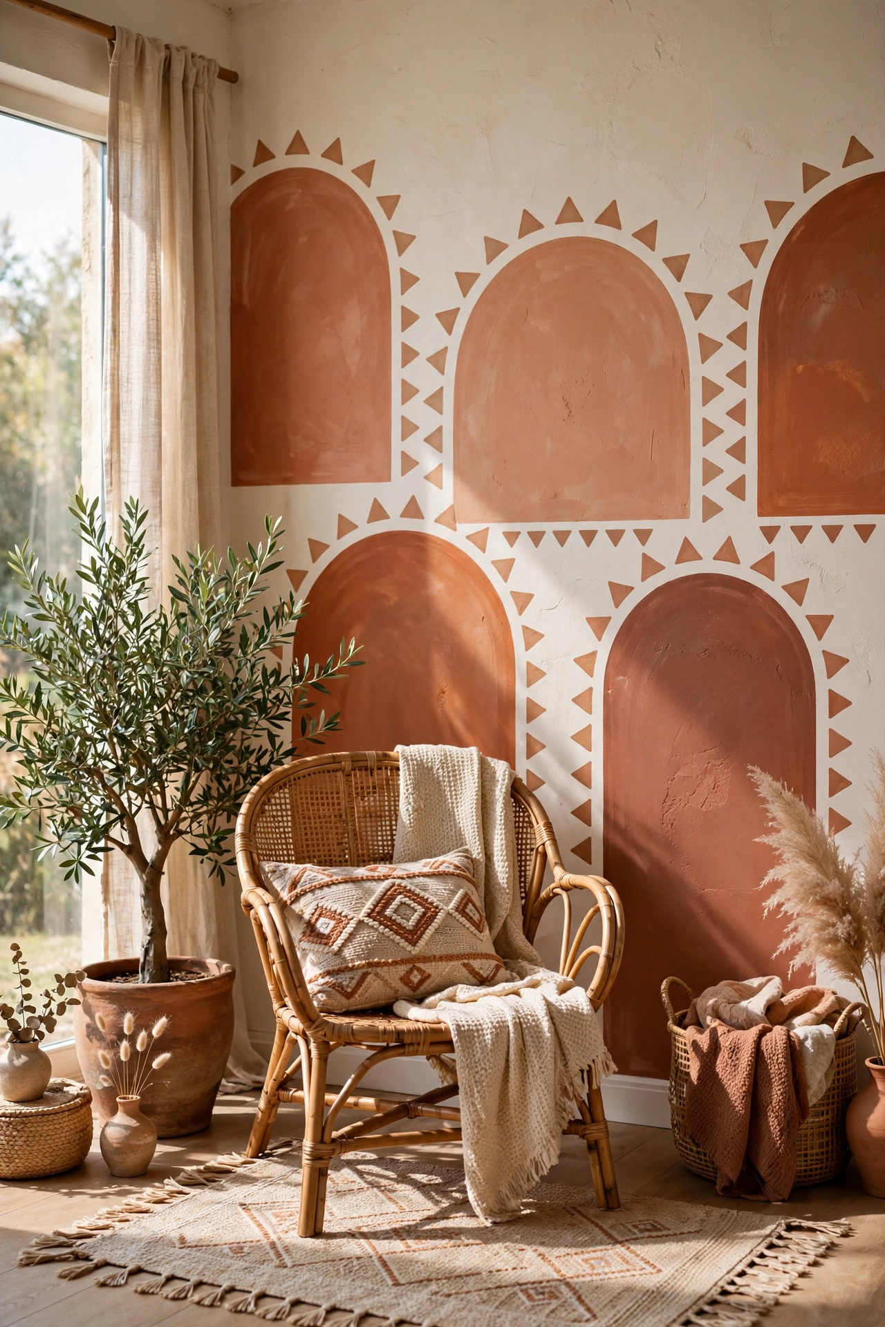 Boho living room wall with terracotta arches and triangle motifs